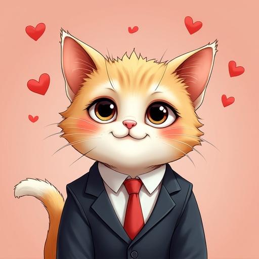A semi-realistic cat wearing a suit with hearts floating above its head and dreamy eyes. The cat appears to be lightly blushing, giving it an adorable and endearing look.