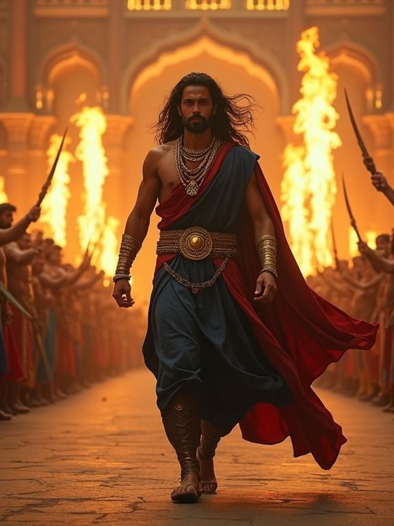 A mythological warrior enters a royal arena. He walks confidently through blazing fire torches. He wears dark blue and red traditional robes with gold ornaments. Long hair flows and intense eyes shine. The crowd looks in awe. Regal palace architecture surrounds. Dramatic golden lighting sets an epic atmosphere. Digital painting style captures Mahabharata themes.