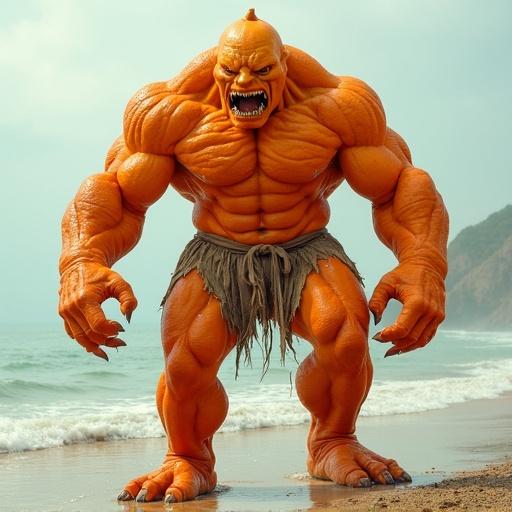 Muscular orange monster depicted on a beach. Skin resembles shiny orange peel. Dressed in torn shorts. Stands tall at full height. Body, arms, and legs prominently displayed. Background features the ocean and light-colored sand.