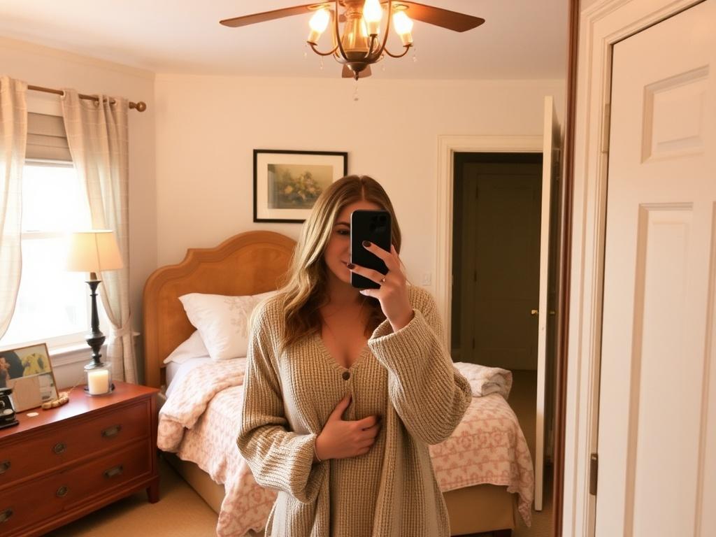 A woman takes a mirror selfie in a cozy, elegantly decorated bedroom filled with natural light.