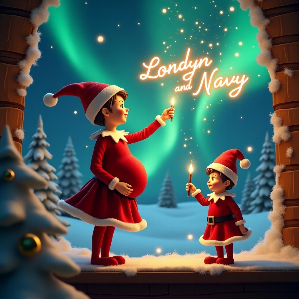 Enchanted Christmas scene with a red elf on the shelf. Elf positioned with a pregnant belly facing the sky. Twin brother elf nearby smiling and pointing. Elf uses a wand to write 'Londyn and Navy' in glowing script. Vibrant northern lights create a magical backdrop. Scene is festive and captures the spirit of Christmas with a whimsical touch.