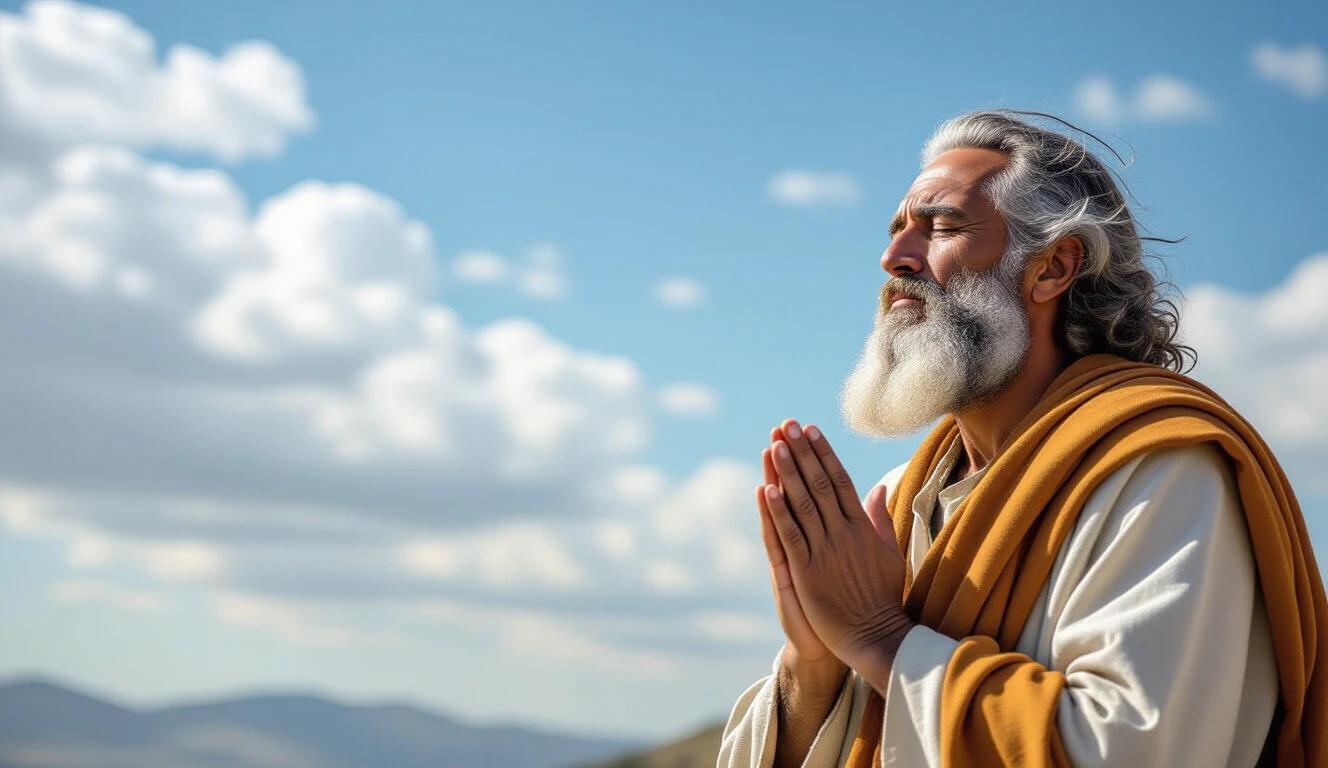 Moses stands with eyes closed while praying towards the sky. The wind blows strongly around him. He wears a simple robe and a warm cloak.