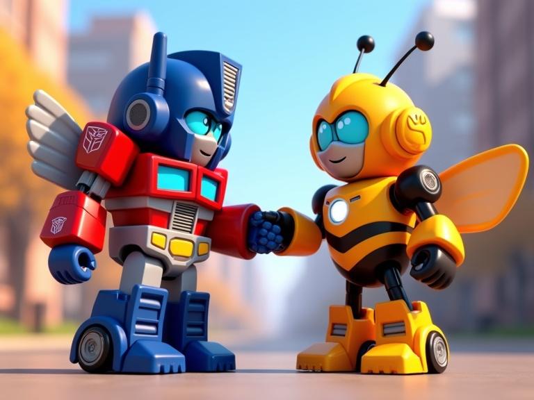 Optimus Prime and Bumblebee robots are shaking hands. 3D design with bright colors in a cheerful city environment. Animated style resembling Pixar and Disney films.