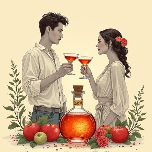 Minimalist screen printing artwork set in an apple orchard. A man offers a toast with a cocktail glass to a woman. She has a flower behind her ear, wearing a silky blouse and a wrap-skirt. Her hair is in a braid. A glowing apothecary bottle is nearby with a cork lid. Two cocktail glasses are filled with the same liquid. Surrounded by herbs and roses, against a beige background. Overall nostalgic and vibrant style, minimalist with bold strokes and golden ratio composition.