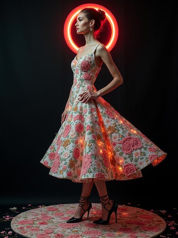 A woman in a floral dress with a neon halo. The dress is full and has lights. The woman wears high heels and stands against a black background. The arrangement is surreal. The style reflects Eiko Ishioka's artistry.