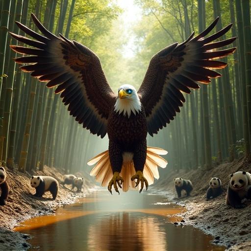 A giant Bald Eagle made of chrome in a tuxedo stands in a bamboo forest. The eagle has blue LED eyes and talons with slot machines. He is in a dynamic pose above pandas in kung fu attire. The scene is chaotic and whimsical with a focus on positivity. Bright colors and detailed reflections enhance the atmosphere. Cotton candy vapor is in the air.