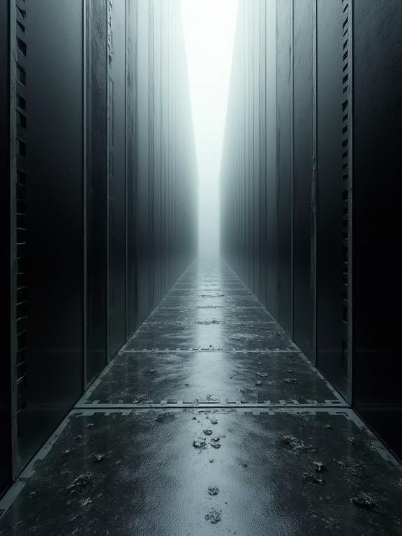 Cubist digital void showing a pathway between tall black structures. The walls are made from plastic resembling black film with a sleek surface. The scene has a foggy atmosphere creating a mysterious perspective that leads to a vanishing point.