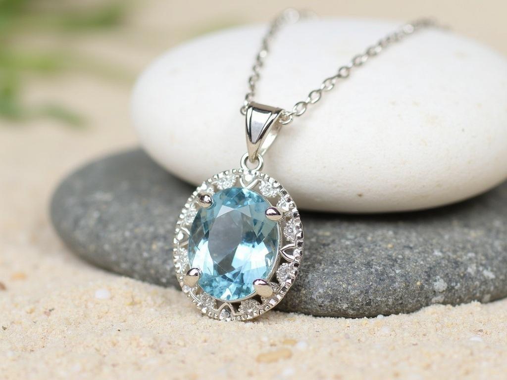 The image features a delicate silver necklace with an oval aquamarine gemstone pendant. The setting of the pendant is elegantly designed, showcasing a light blue stone that shimmers under the natural light. The background consists of a smooth, round white stone resting on a textured gray rock, with a sandy surface and small pebbles scattered around, creating a natural and serene atmosphere.