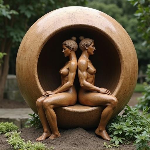 Wooden sculpture depicts Plato's spherical humans in a mythical garden. Two figures, a woman and a man, sit back to back inside a hollow spherical structure. Their bodies blend into the sphere, symbolizing unity and duality.