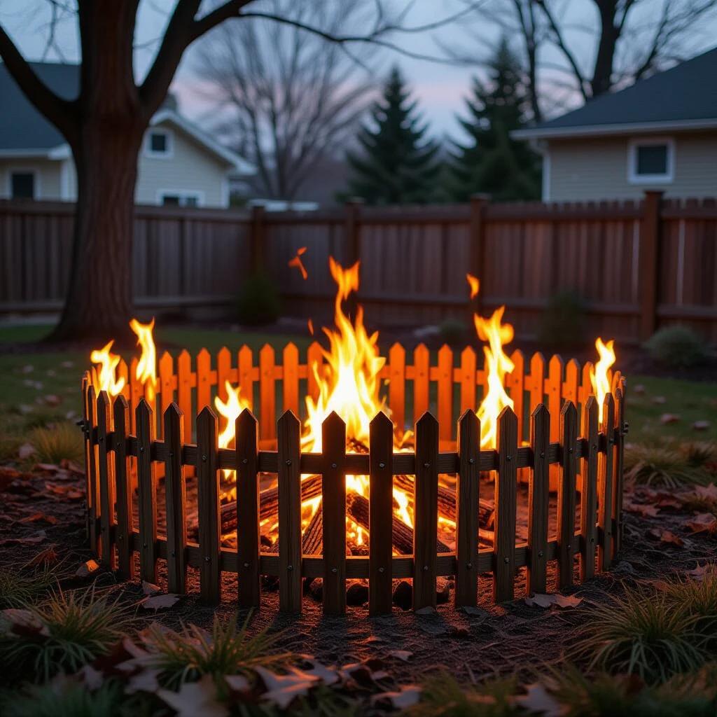 Photograph of a wooden fence surrounding a fire circle in a backyard. Fire flames flicker brightly. Evening light casts a warm glow. Green grass and fallen leaves. Cozy and inviting atmosphere. Highlights outdoor living appeal.