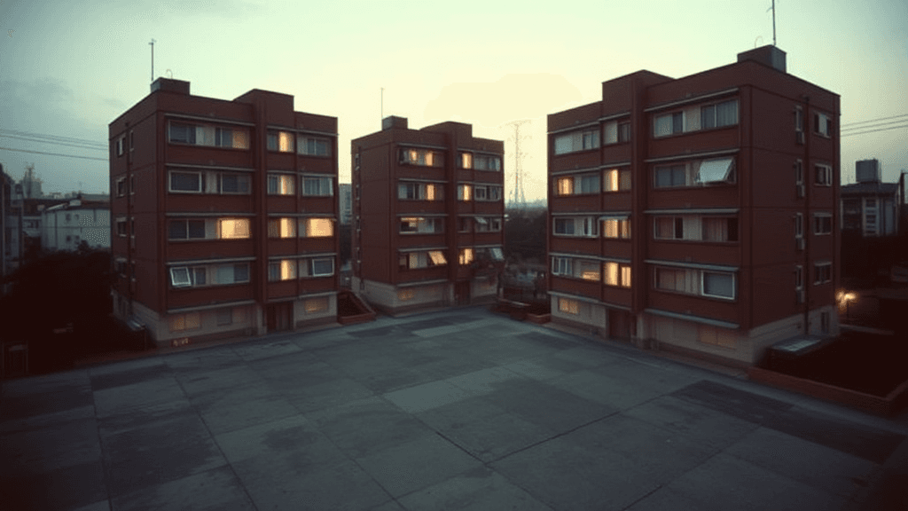 Four residential buildings stand in a square, with some windows lit up in the early morning light.