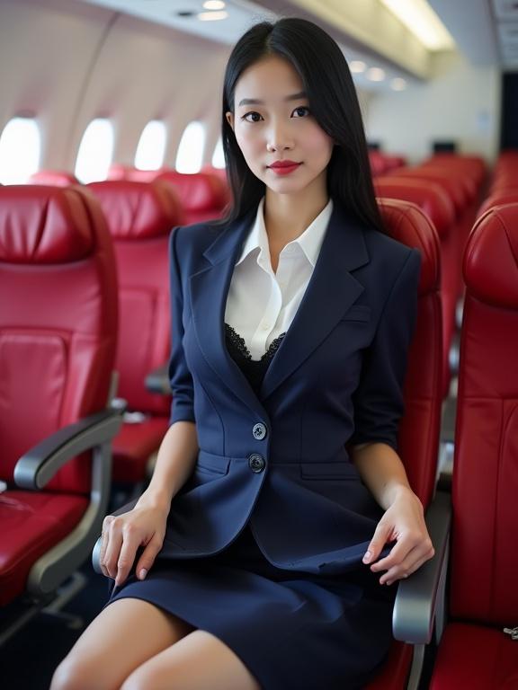 A young flight attendant with black hair sits confidently in an airplane seat. She wears a formal navy blue uniform, a white blouse, and a skirt. The airplane has rows of red seats, creating a clean and organized setting.