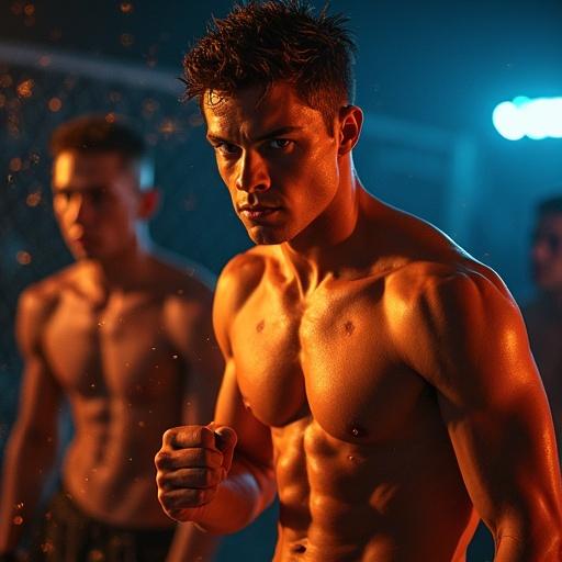 Ultra-cinematic YouTube thumbnail inspired by Never Back Down. Intense rivalry with personal growth themes. Central figure shirtless in a fighting stance. Background shows another male figure glaring. Dark underground fight club setting with glowing orange and blue lights. dynamic elements like sparks and smoke add impact. Bold overlay text: FIGHT OR FALL! and THE SECRET FIGHT CLUB THAT CHANGED EVERYTHING. High contrast and 4K quality.