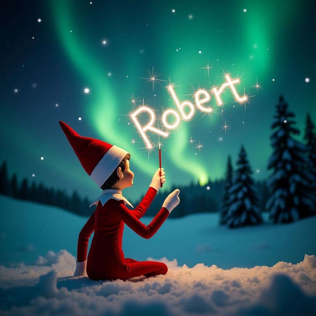 This enchanting scene captures an elf on the shelf, dressed in traditional red attire, seated with its back to the viewer. The elf gazes upwards towards a breathtaking dark sky lit by vibrant northern lights. In its hand, a magic wand draws the name 'Robert' in glittering sparkles against the backdrop. Snow blankets the ground, adding to the serene and magical atmosphere of the moment. The entire scene radiates wonder and embodies the spirit of Christmas, making it a perfect representation of holiday joy.