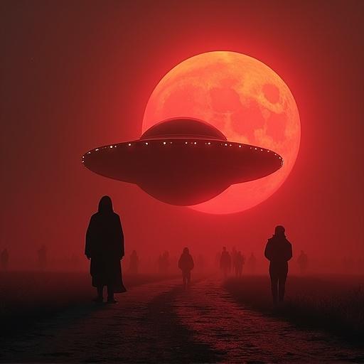 UFO in a dark red sky with a large blood moon. Silhouettes of confused people walking under the UFO. Eerie atmosphere.