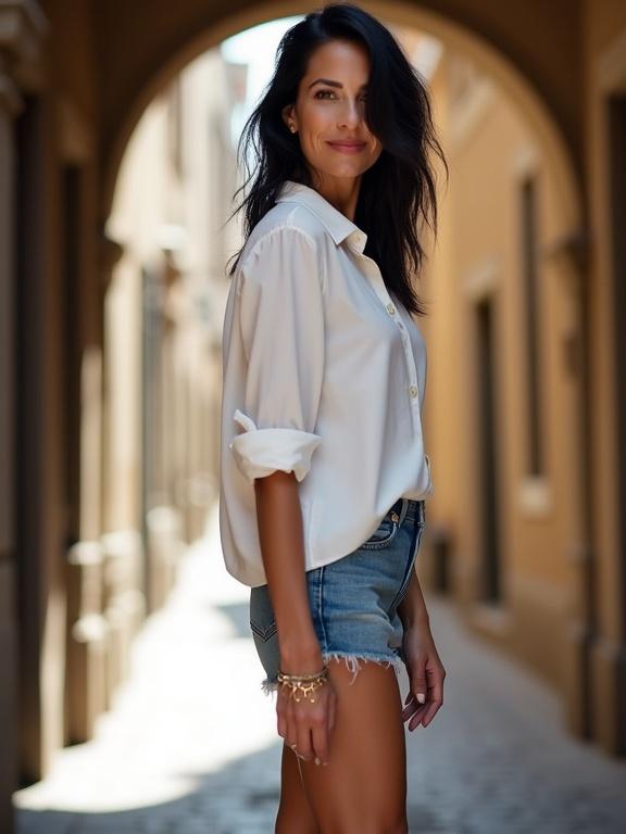 Mature woman stands confidently in a narrow cobblestone street. She wears a white blouse with rolled sleeves and denim short shorts. Hair is black and medium messy. Sunlight filters through a stone archway while she gazes at the viewer. Long legs visible. Side view of a smiling woman.