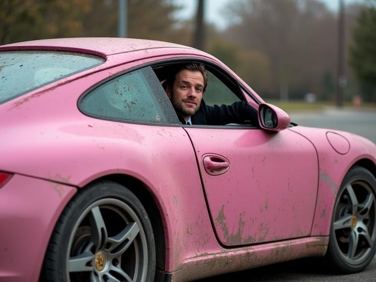A dented and dirty pink Porsche parked on the side of the road. A businessman has his head outside the window. The car shows signs of wear and dirt.