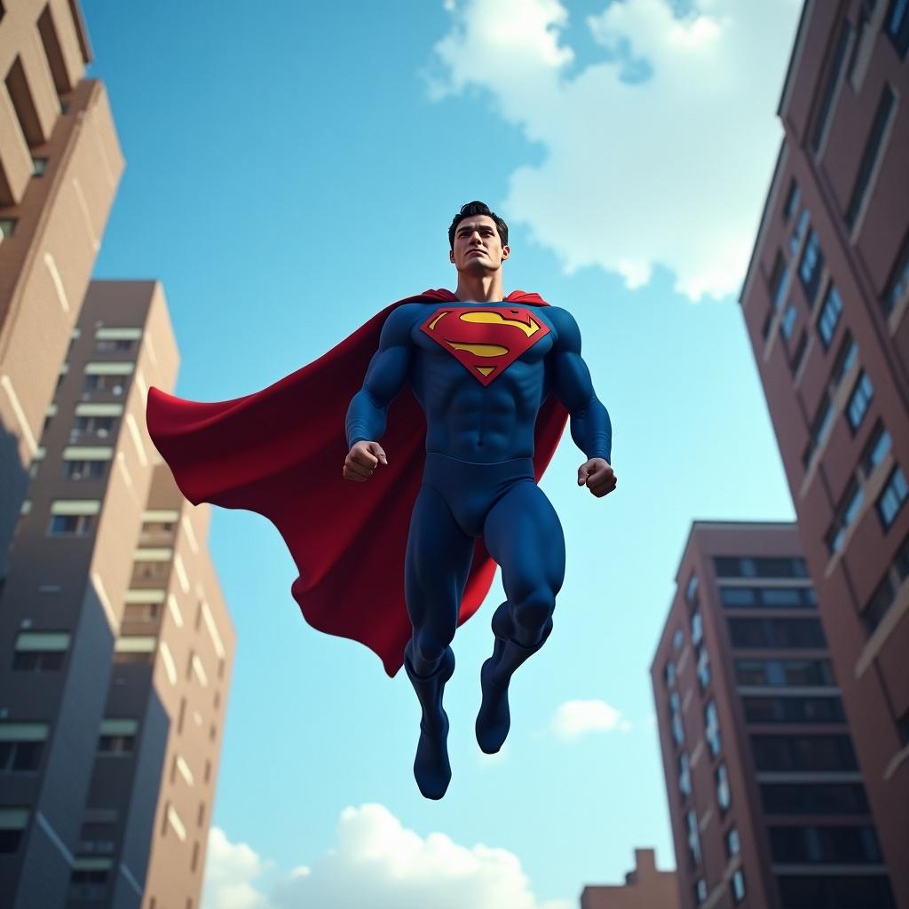 Superman in mid-air against a bright blue sky. He wears a blue suit and red cape, flying above urban buildings.