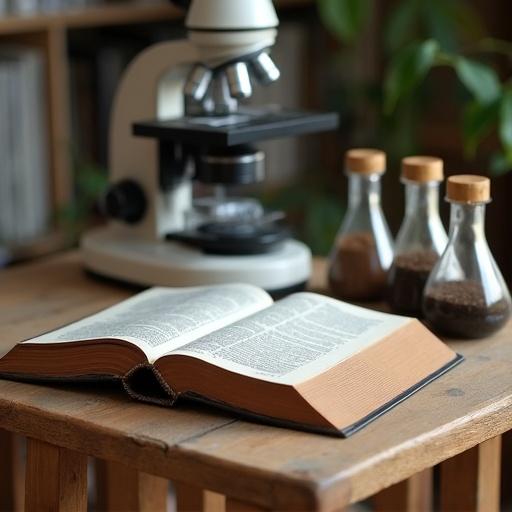 Closed Bible on table next to microscope. Soil samples in glass flasks placed on table. A wooden table is the background focus.