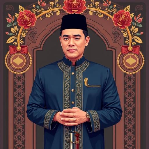 Traditional portrayal of a dignified Malay man in a wedding setting. He wears a navy-blue silk baju with gold embroidery. Includes a matching sampin secured by a decorative pending. A black songkok adorns his head. Hands resting gently on a kris tucked in the sampin. Background features floral motifs inspired by Malay woodcarving. Retro pixel art style with muted colors and warm accents. Soft dithering adds fabric texture. Minimal shading highlights serene expression.