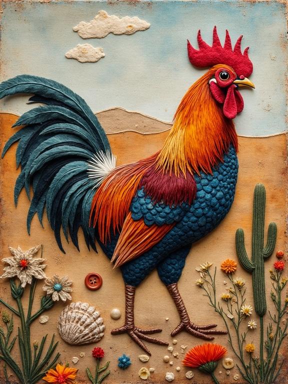 Mixed media artwork of a rooster in a desert landscape. Close-up textile art design. Features dried flowers, buttons, shells, and vibrant threads. Fauvist inspired with earthy colors.
