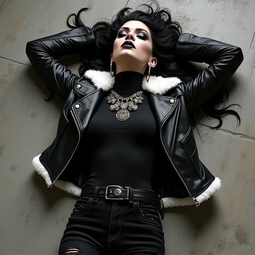 Digital art of a villain girl lying dead on the ground. Arms are splayed out overhead. Head is tilted to the side. Eyes are closed. Detailed makeup features black eyeshadow and glitter. Long black hair spreads across the ground. She's dressed in a black leather biker jacket with white fur, a black turtleneck, ripped black jeans, and accessories like large hoop earrings. The scene conveys a dark and glamorous vibe.