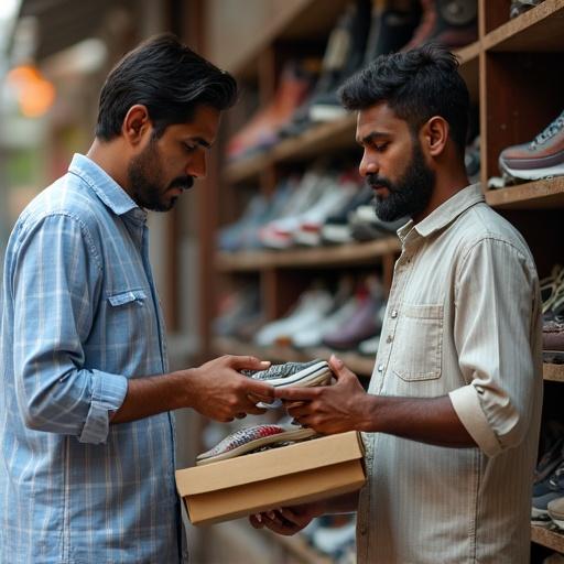 Two men exchanging footwear and shoe boxes in a retail store in India. Interaction showcases customer service in a shoe shop. Natural lighting enhances the shopping atmosphere.