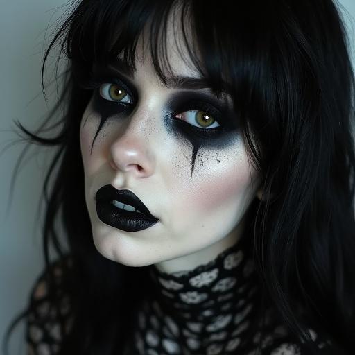 Close-up of a woman wearing black and white makeup in a goth style. Emphasis on dark eyes and black lips. Complexion is pale with a mystical aesthetic.