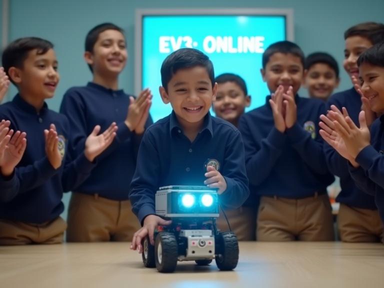 Realistic scene of Omar activating LEGO EV3 robot. Robot's eyes light up and moves on the table. Omar is smiling, wearing school uniform. Egyptian classmates in matching outfits clap and cheer. Digital screen behind shows 'EV3: ONLINE'.