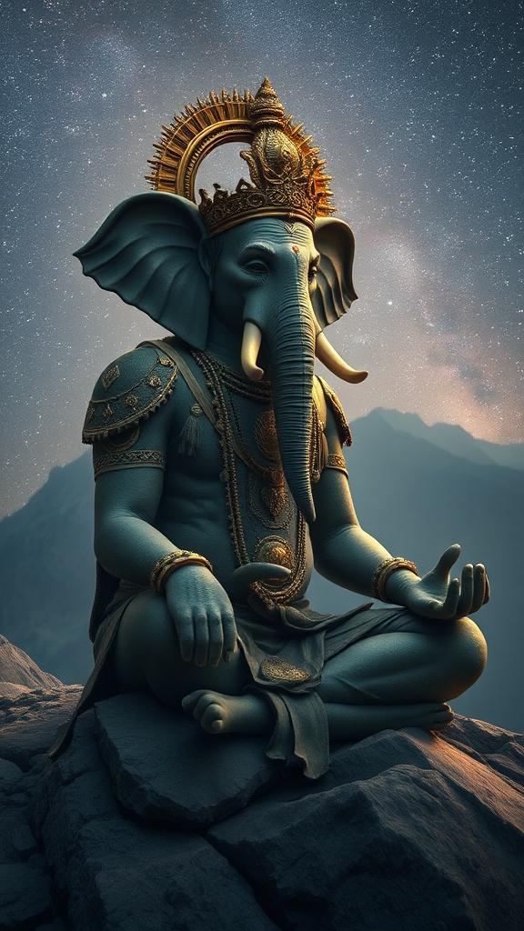 This image is a stunning depiction of the Hindu deity Ganesha, characterized by his elephant head, seated in a meditative pose on a rocky landscape. The night sky behind him is filled with stars, adding a celestial and serene atmosphere. The intricate golden crown and accessories highlight the divinity and attention to detail in this artistic rendition.