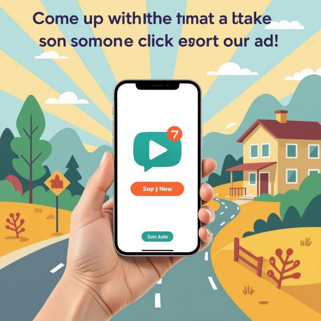 A hand holding a smartphone displaying a colorful play button. The background features a road, green hills, and a house. The scene has a bright and cheerful atmosphere.