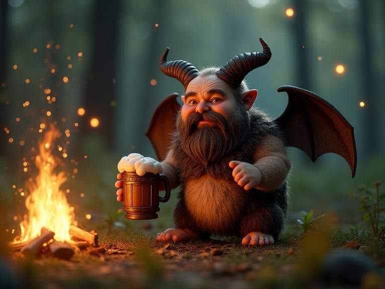 Photorealistic image of a hairy chubby humanoid male with bat wings and horns. He has a big bushy beard and handlebar moustache. Smirking while holding a tankard of mead. In a forest next to a campfire with fireflies and glowing fairy folk. Hyperrealism and high detail.