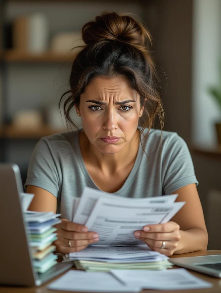 A portrait of a middle-aged woman looking at bills with a frustrated expression. She has a messy bun and wears a T-shirt and jeans. The scene is at a desk in a dim room with scattered papers and a laptop. The woman conveys feelings of overwhelm and concern with a tired look. The shallow depth of field focuses on her and the bills, emphasizing financial stress.