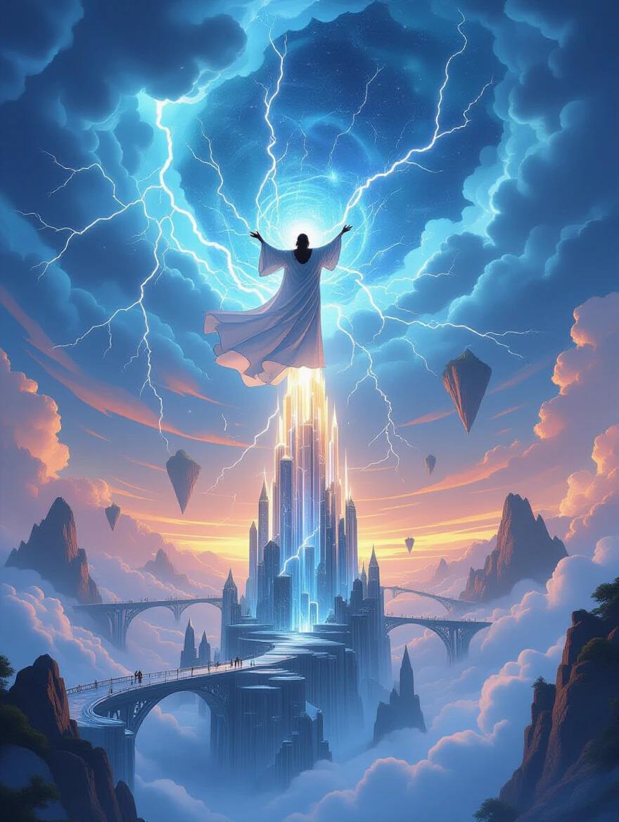 A magnificent figure stands atop a crystalline spire. The figure conducts lightning with graceful gestures. Lightning strikes create musical notes in the air. Floating islands connected by bridges of solidified music. Aurora borealis dances to the rhythm. Ethereal and romantic fantasy art style.