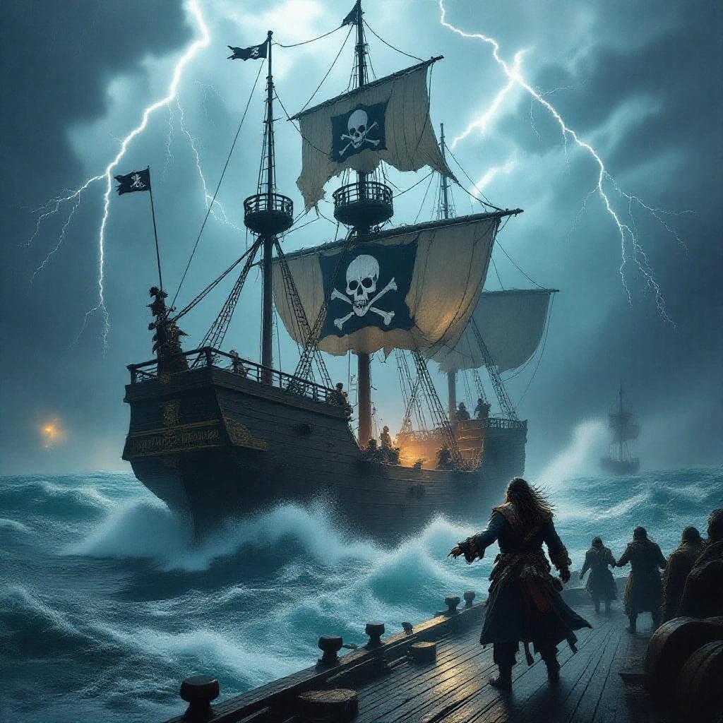 Massive pirate ship with torn sails sailing through a violent storm. Towering waves crash against hull. Lightning strikes illuminate dark sky. Skull emblem visible on sails. Pirate captain with long coat and windswept hair shouts commands. Crew members secure cannons and ropes. Dramatic atmosphere with cinematic lighting and stormy weather effects.