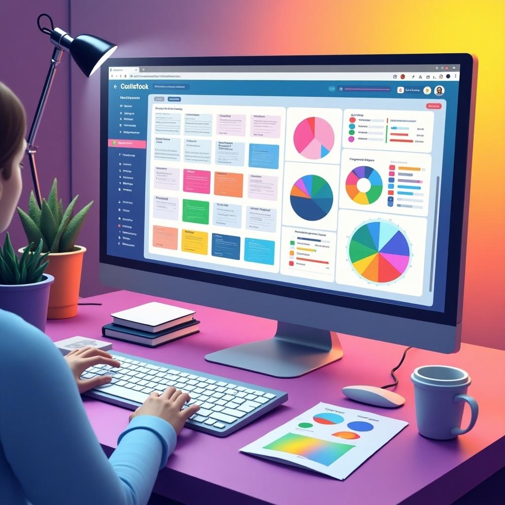 Workspace with a computer displaying colorful charts and graphs on the screen. Person using keyboard. Colorful background with ambient lighting. Accessories like plants and coffee cup present.