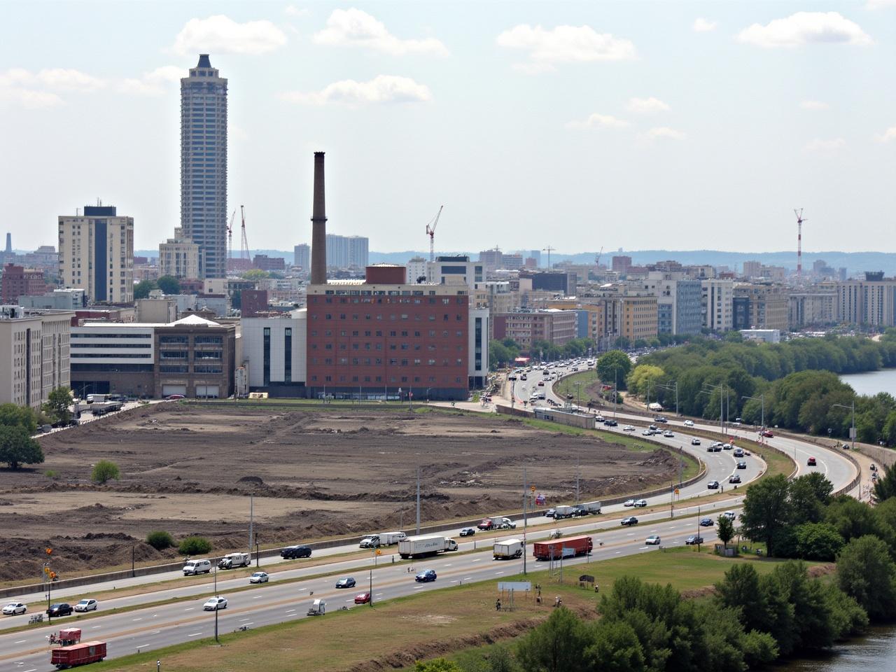 The image shows an urban landscape with a mix of old and modern architecture. There is a notable tall building in the background that has a unique spiral shape. In the foreground, a factory-like structure with a tall chimney is visible, indicating an industrial area. The surrounding land appears to be somewhat barren, suggesting redevelopment or construction work. Several roads and vehicles can be seen, showing the hustle and bustle of city life. A river runs alongside the scene, adding to the urban setting.