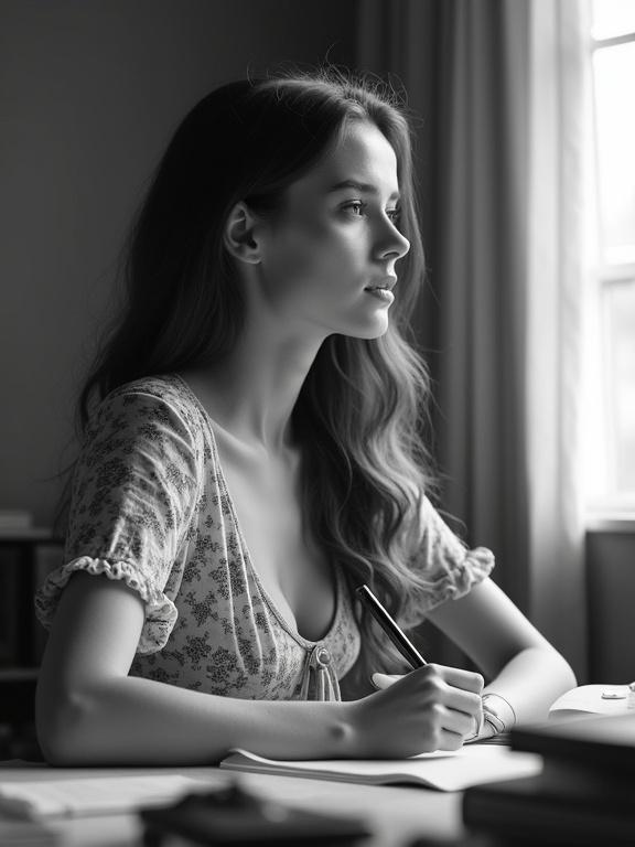 Photograph of a young woman sitting at a desk. She appears focused while writing. Side profile view showcases her delicate features. She has long wavy hair and wears a floral-patterned blouse. The scene has soft natural lighting from a window. Background is blurred with an intimate atmosphere.