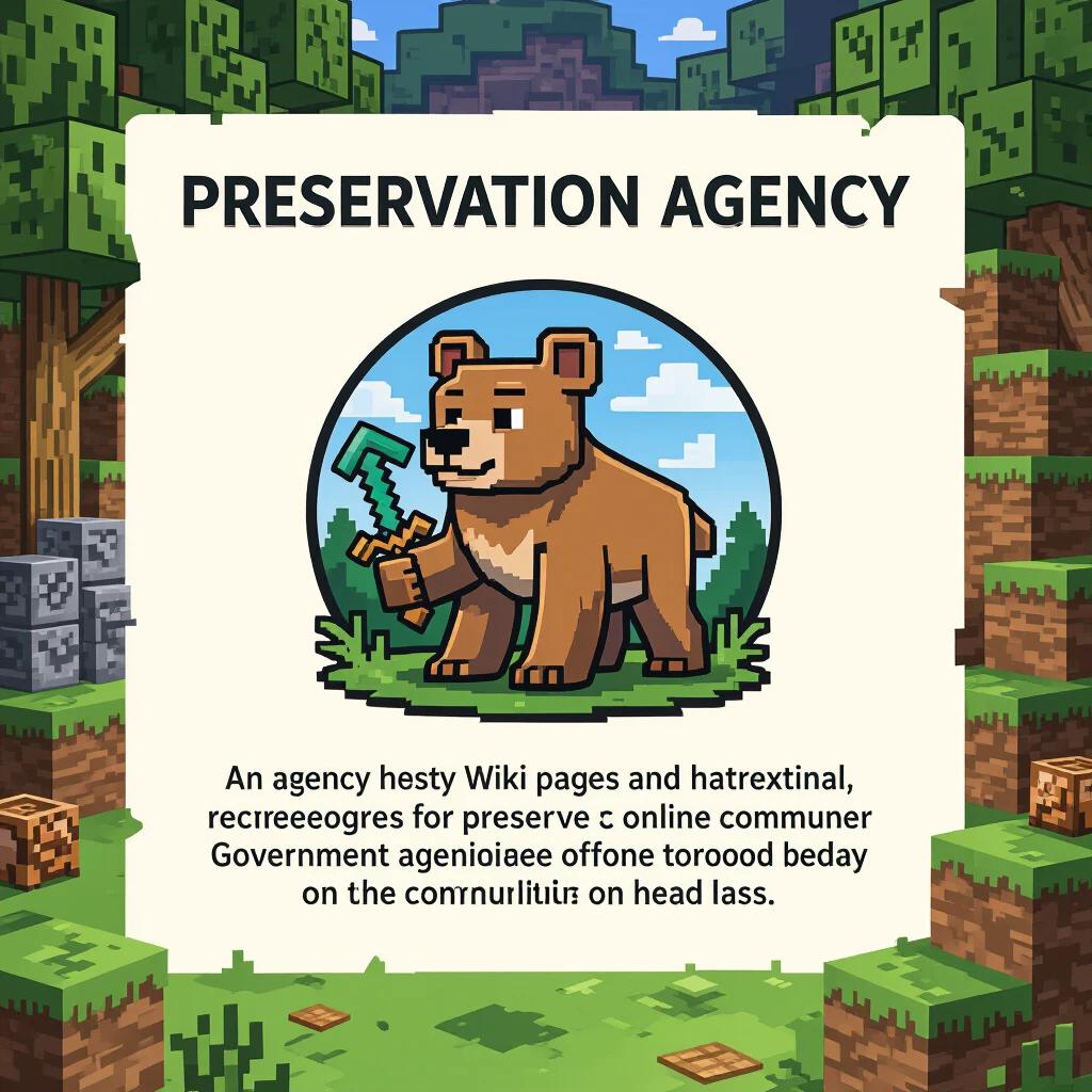 Logo design for preservation agency. Minecraft-themed logo features a bear character. Emphasis on online community preservation and legacy. Symbolic representation suitable for government agency.