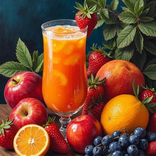 Hyperrealistic oil painting style with a fruit display featuring a glass of orange juice surrounded by various fruits like apples, strawberries, blueberries, and oranges in a lively setting.