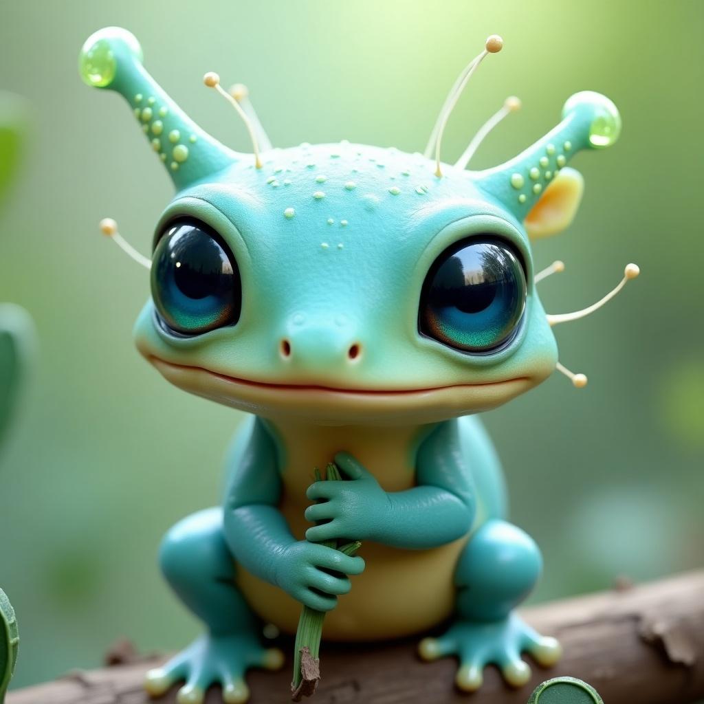 Surreal whimsical creature resembling a hybrid between a frog and an alien with exaggerated features and vivid textures. Soft aqua blue body with large glossy eyes and playful demeanor. Seated on a green plant stem in a soft-focused green background.