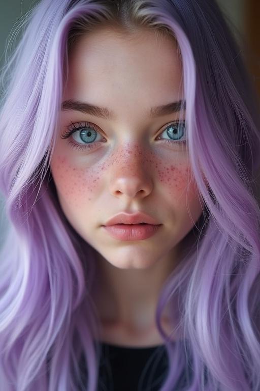 British girl with long lavender hair and big blue eyes. Detailed features and natural look. Includes aspects of skincare and beauty.