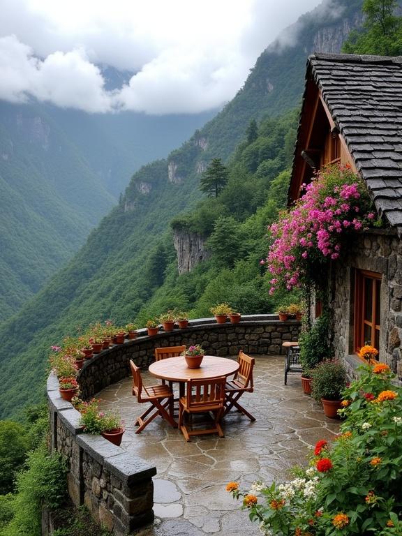 Describe a serene mountain retreat with stone house and lush flowers. Include patio with wooden table and chairs. Emphasize surrounding mountains and misty atmosphere.