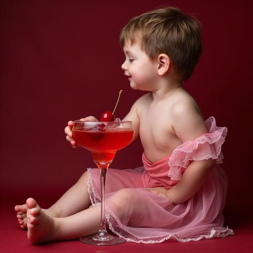 Boy sits playfully next to a cherry cocktail in a glass. He wears a pink dress. The background is dark red. Soft lighting highlights details.