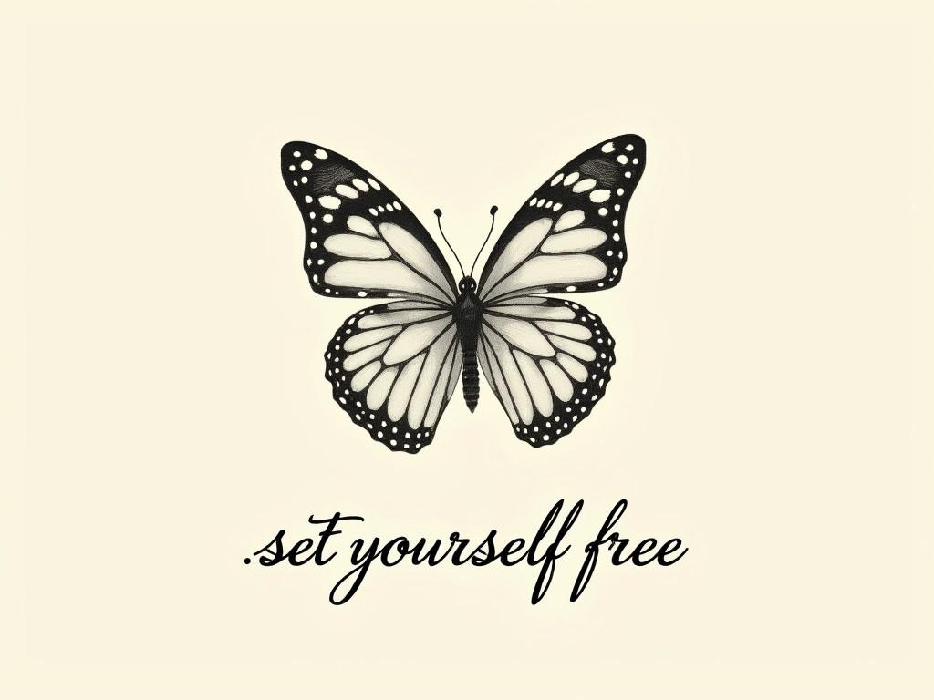 Create an artistic representation of a butterfly, an iconic symbol of freedom. Under the butterfly, place the text 'set yourself free' in an elegant font. The background should be a soft, neutral color to enhance the simplicity of the design. Ensure the butterfly's details are intricate, making it visually captivating. The overall feel should evoke a sense of liberation and hope.