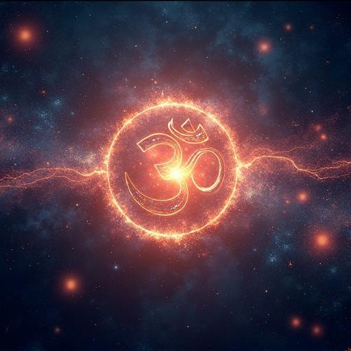 A cosmic-style Om symbol pulsates with light. Sound waves ripple across galaxies. Glowing Sanskrit symbols float in the sky.