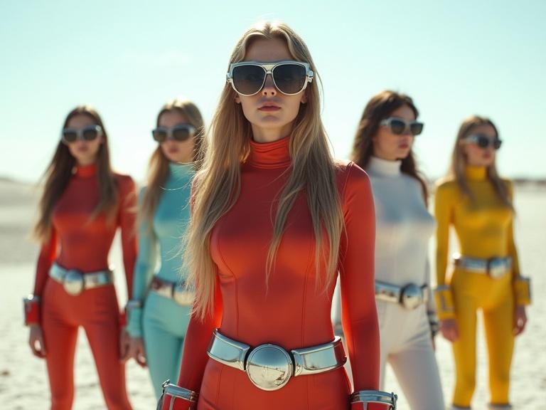 Five women in a desert wearing sleek sci-fi suits with trendy sunglasses. Each in a different color: red, blue, black, yellow, and white. Long hair styles and unique belts design. Bright sunny atmosphere. Realism and detailed textures.