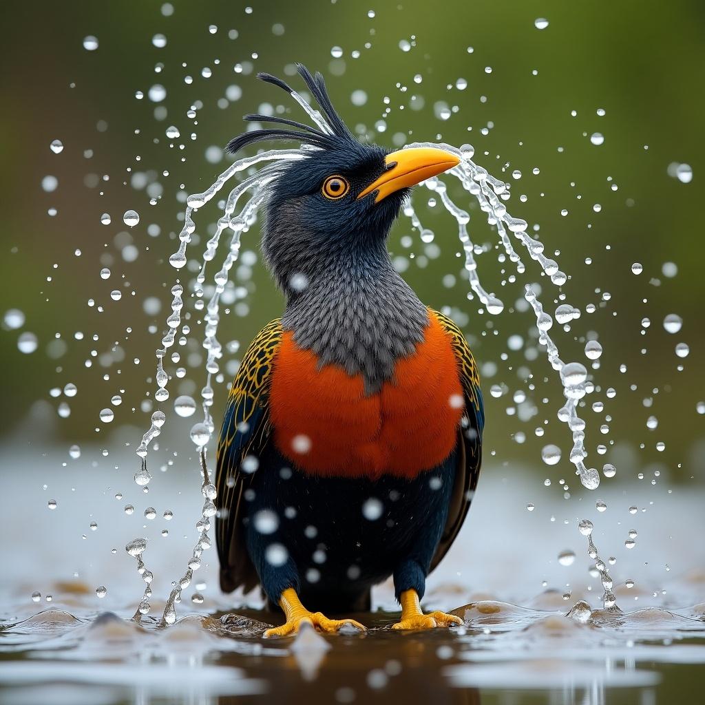 A male bowerbird is bathing vigorously, sending water droplets flying in all directions. Its feathers are a striking mix of blue and orange, creating a vibrant display against the blurred green background. The bird appears joyful, with droplets sparkling in the light and adding dynamic energy to the scene. The close-up perspective captures intricate details of the bird's plumage and the movement of water. This image showcases a moment of natural beauty and animal behavior in a stunning wildlife context.