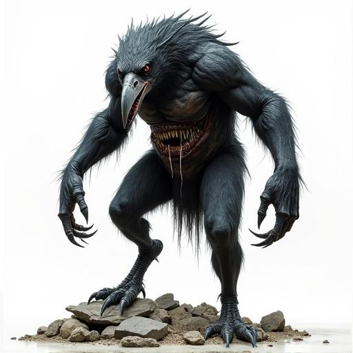 A monstrous creature with a crow head and bear-like body. Large muscular arms end in claws. Thin, spider-like legs with bent joints. A wide mouth on its stomach full of jagged teeth. Hunched back with dirty feathers and patchy fur. Background is a minimalistic white. Scattered broken stones below it. Neutral lighting emphasizing the eerie design.