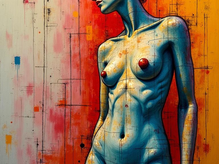 Nude woman body closeup in the style of Giacometti. Art brut influences with intricate details. Bright colors and delicate forms.